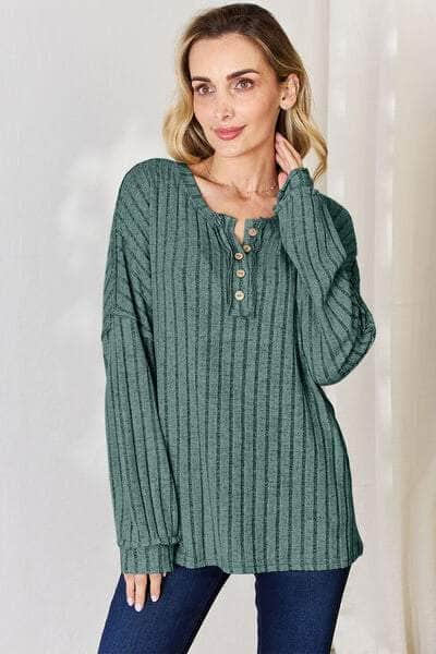 Basic Bae Full Size Ribbed Half Button Long Sleeve T-Shirt Gum Leaf / S