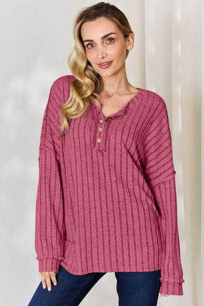 Basic Bae Full Size Ribbed Half Button Long Sleeve T-Shirt Hot Pink / S