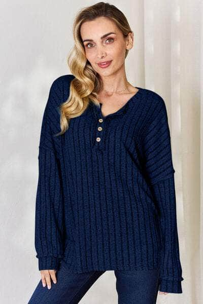 Basic Bae Full Size Ribbed Half Button Long Sleeve T-Shirt Peacock  Blue / S