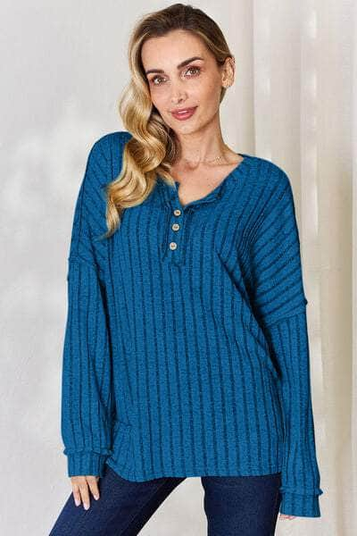 Basic Bae Full Size Ribbed Half Button Long Sleeve T-Shirt Sky Blue / S