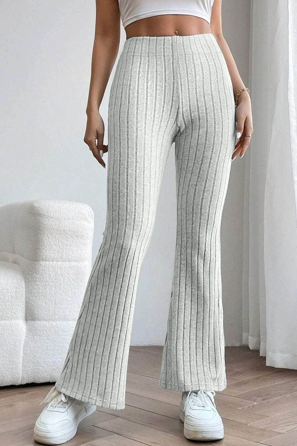 Basic Bae Full Size Ribbed High Waist Flare Pants Light Gray / S