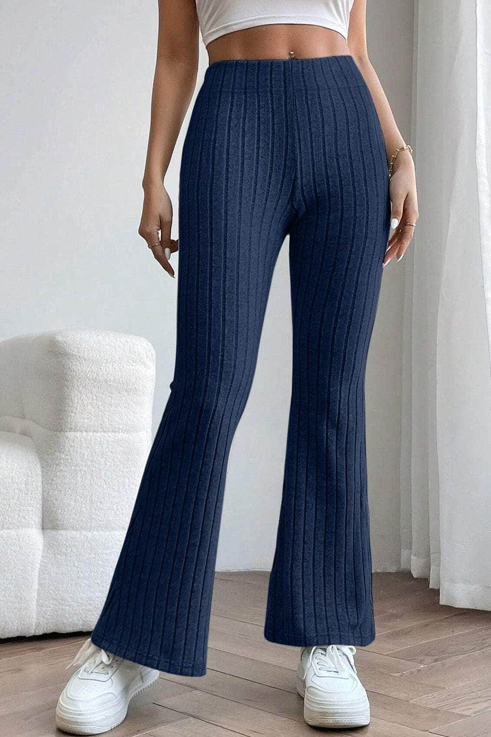 Basic Bae Full Size Ribbed High Waist Flare Pants Navy / S