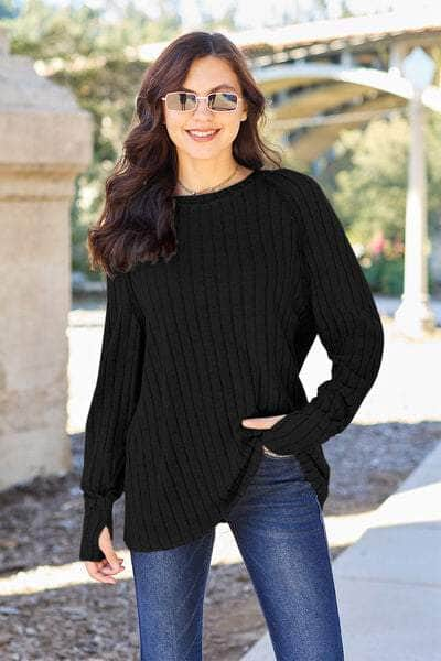 Basic Bae Full Size Ribbed Round Neck Long Sleeve Knit Top Black / S