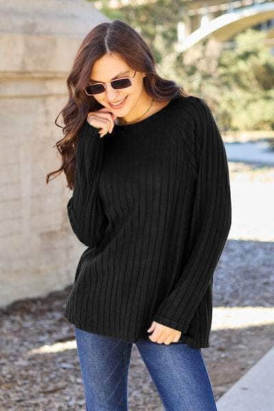 Basic Bae Full Size Ribbed Round Neck Long Sleeve Knit Top Black / S