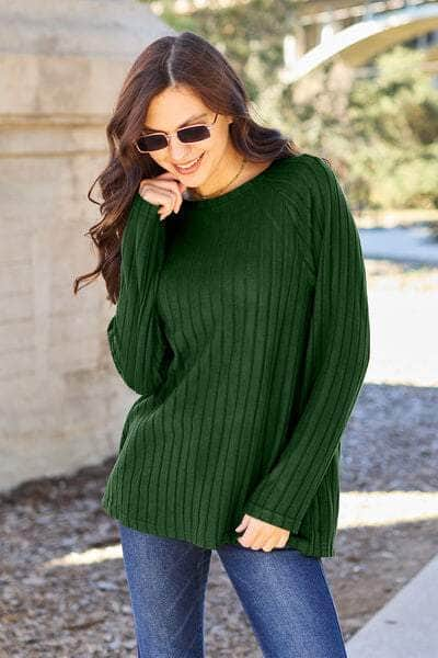 Basic Bae Full Size Ribbed Round Neck Long Sleeve Knit Top Green / S