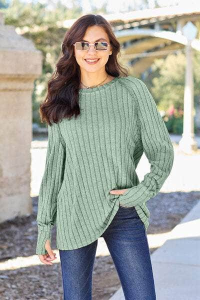 Basic Bae Full Size Ribbed Round Neck Long Sleeve Knit Top Light Green / S