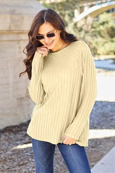 Basic Bae Full Size Ribbed Round Neck Long Sleeve Knit Top Pastel Yellow / S