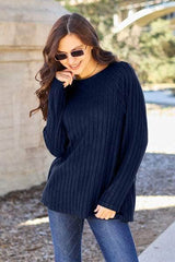 Basic Bae Full Size Ribbed Round Neck Long Sleeve Knit Top Peacock  Blue / S