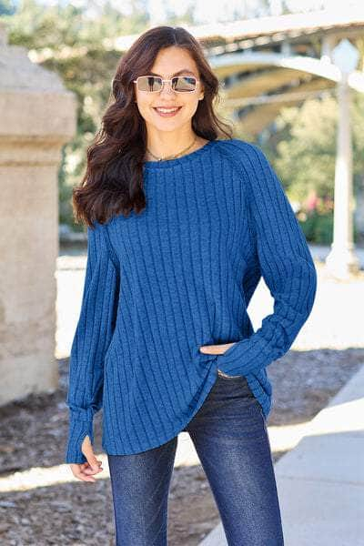 Basic Bae Full Size Ribbed Round Neck Long Sleeve Knit Top Royal  Blue / S