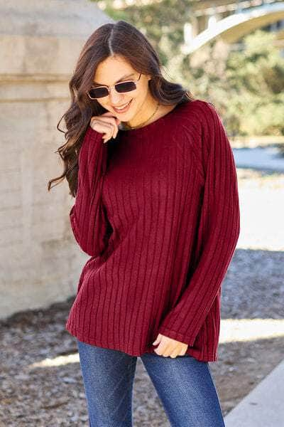 Basic Bae Full Size Ribbed Round Neck Long Sleeve Knit Top Scarlet / S