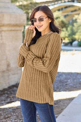 Basic Bae Full Size Ribbed Round Neck Long Sleeve Knit Top Tan / S