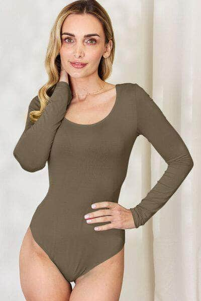 Basic Bae Full Size Round Neck Long Sleeve Bodysuit Taupe / S