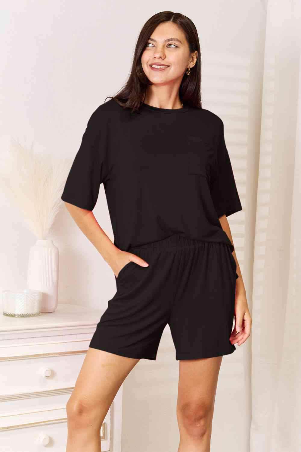 Basic Bae Full Size Soft Rayon Half Sleeve Top and Shorts Set Black / S