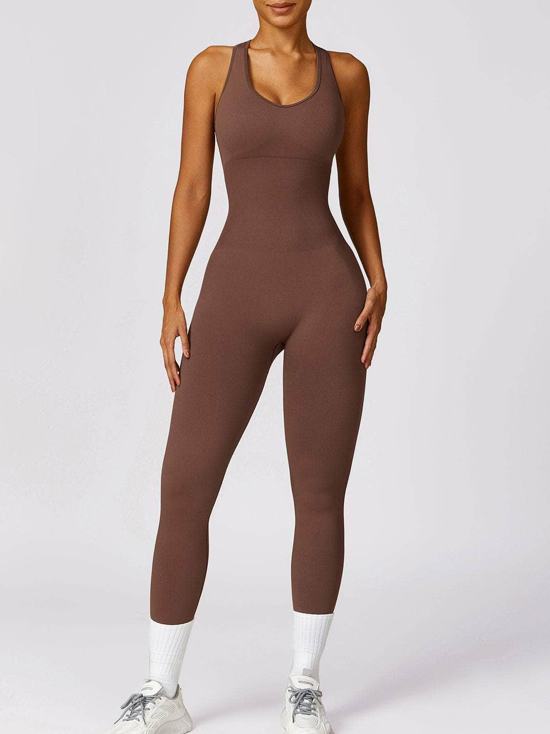 Basic Bae Sleeveless Cutout Racerback Active Jumpsuit Brown / S