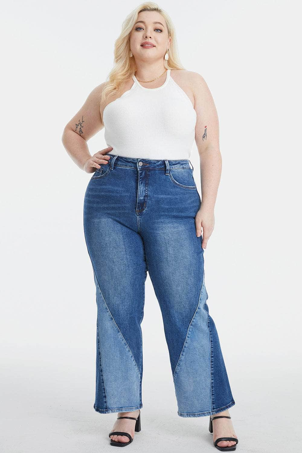 BAYEAS Full Size High Waist Two-Tones Patched Wide Leg Jeans DOUBLE ROSE / 0