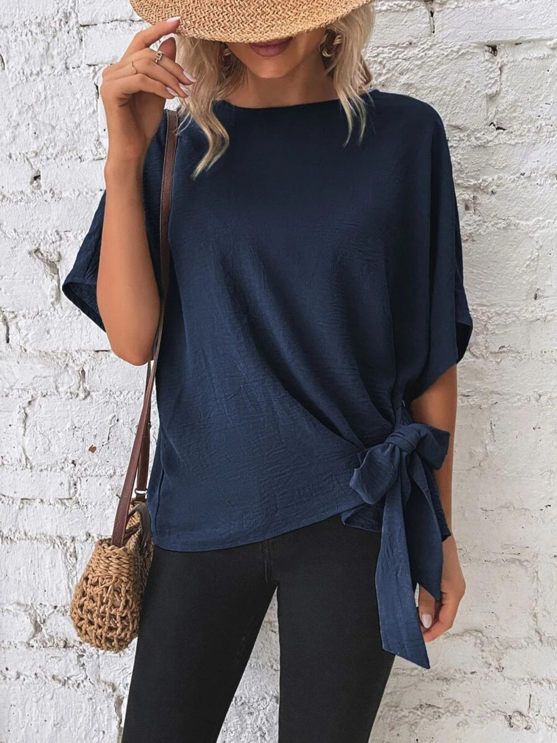 Knotted Round Neck Half Sleeve Blouse