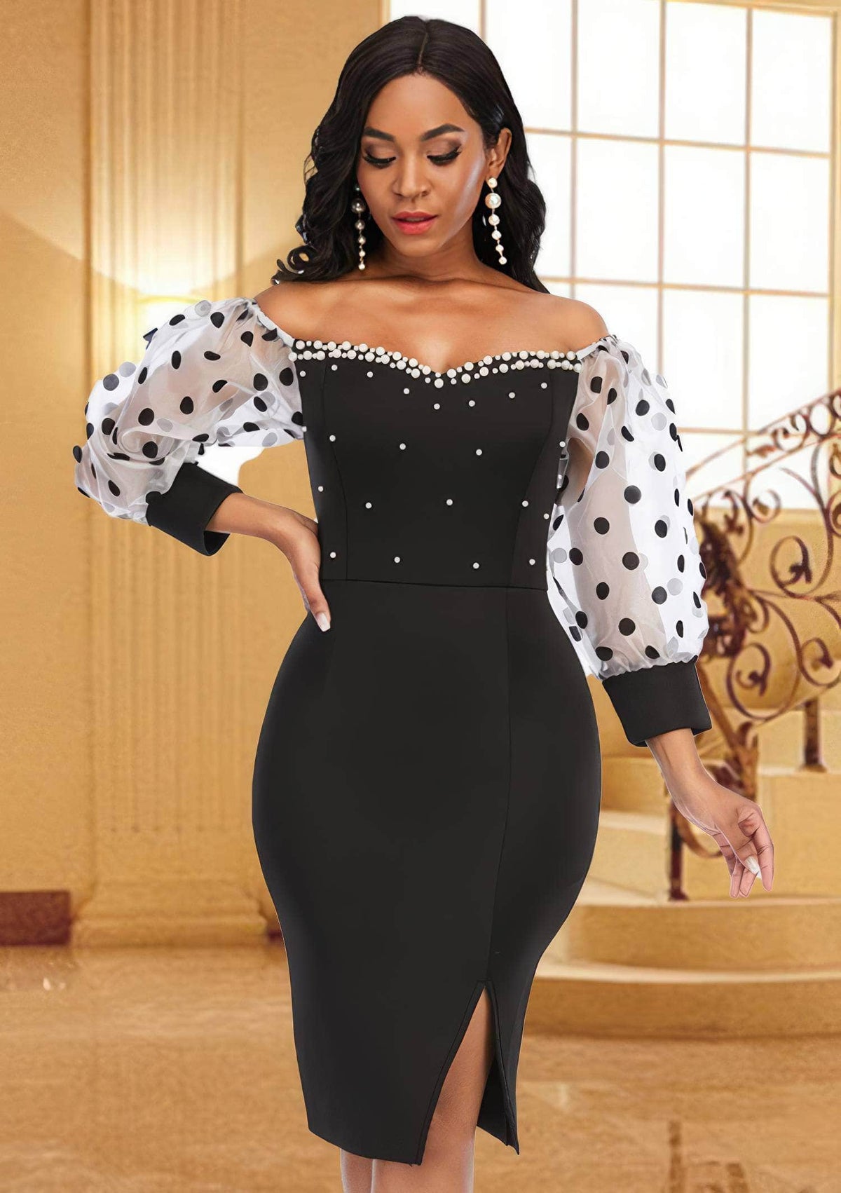 Beaded Polka Dot Mesh Sleeves Side Slit Dress