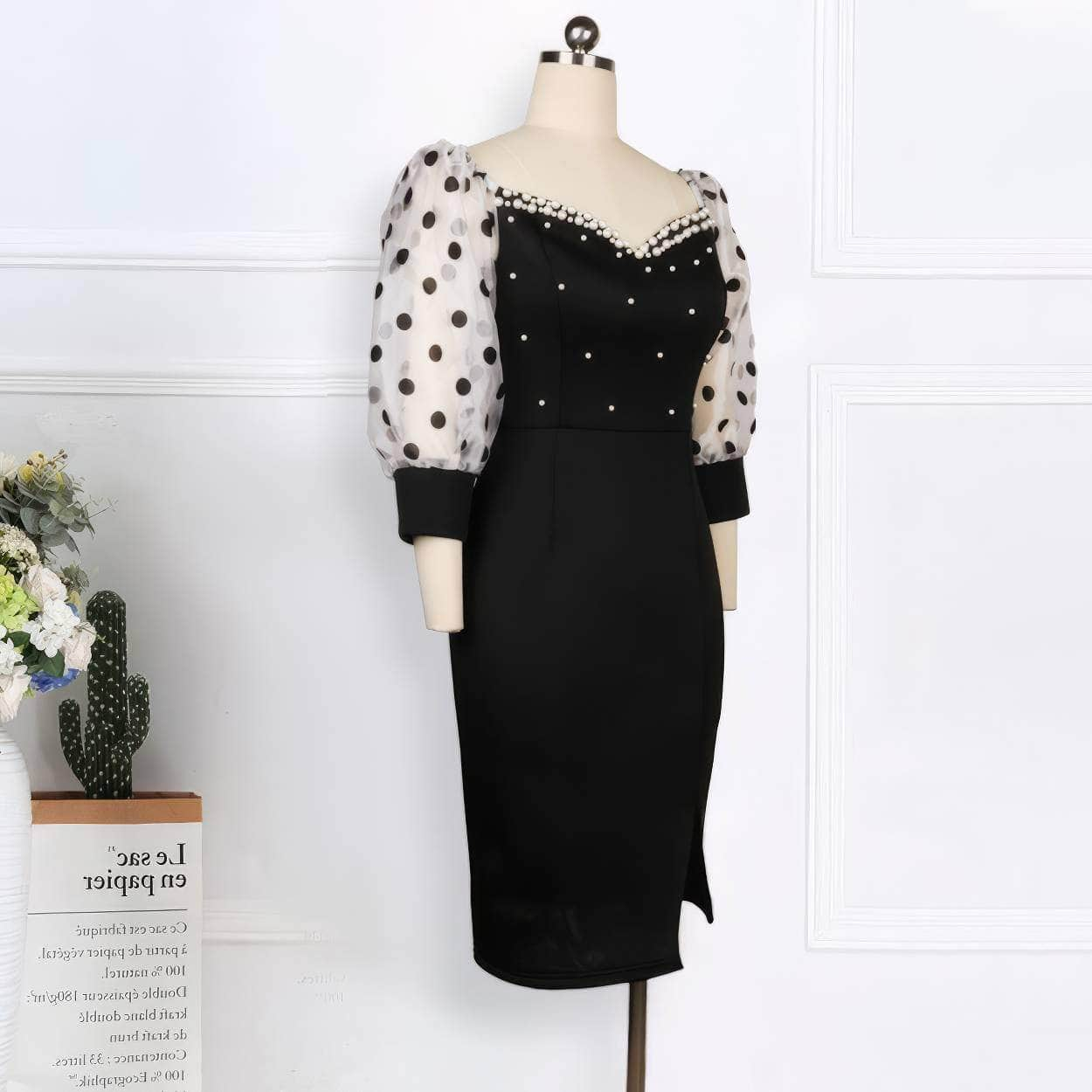 Beaded Polka Dot Mesh Sleeves Side Slit Dress