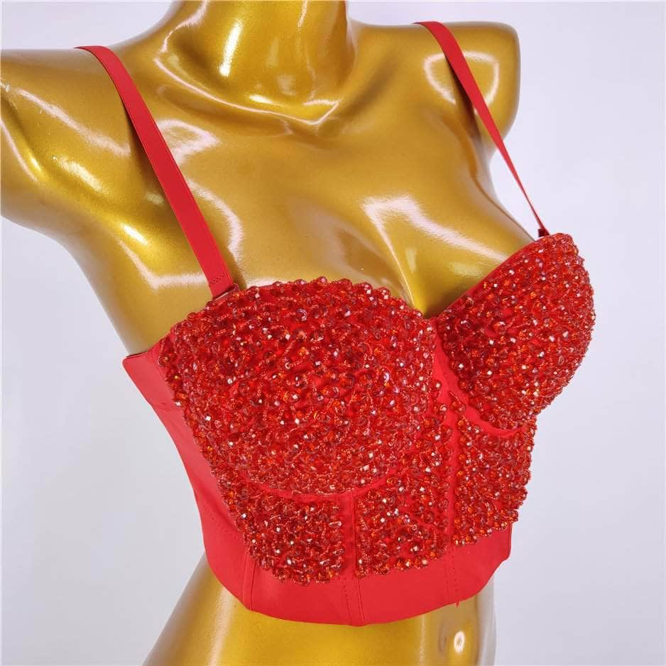 Beaded Rhinestone Push-Up Bustier Bralette Top