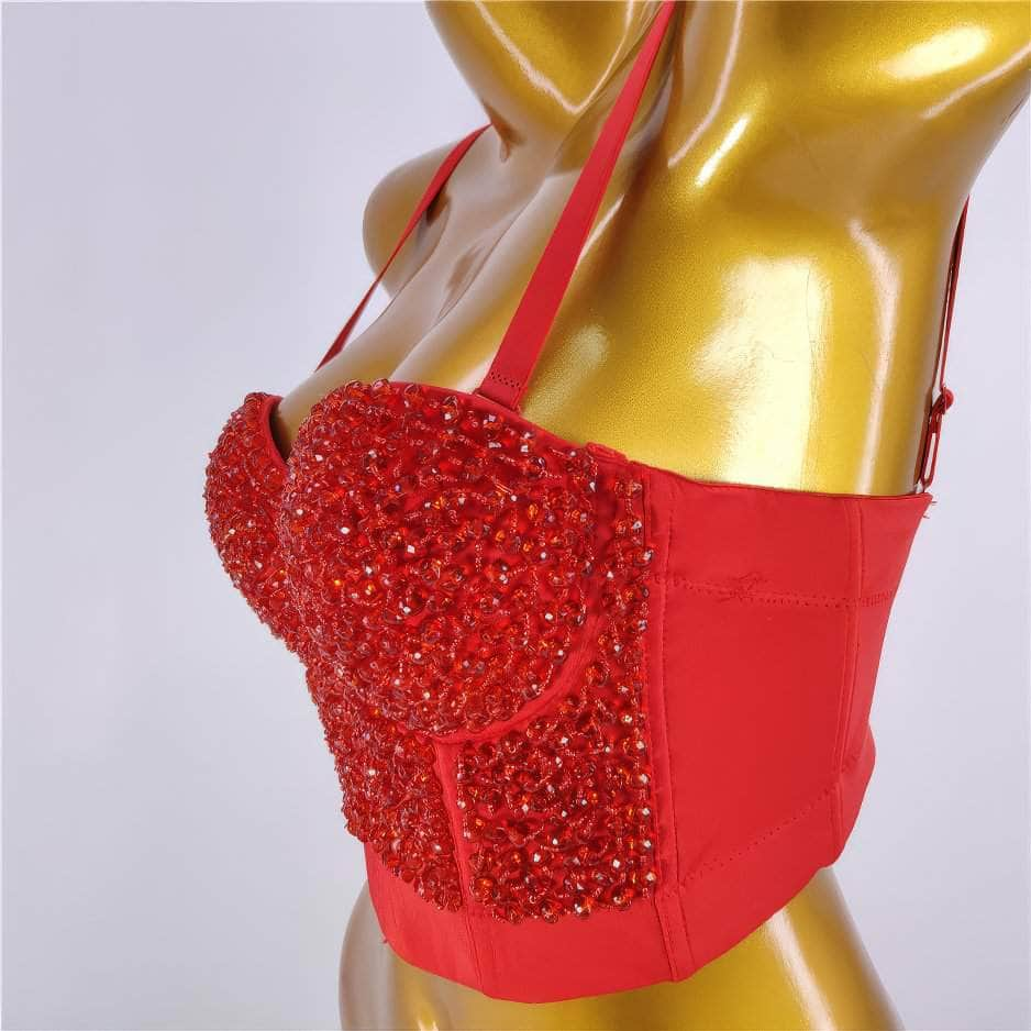 Beaded Rhinestone Push-Up Bustier Bralette Top