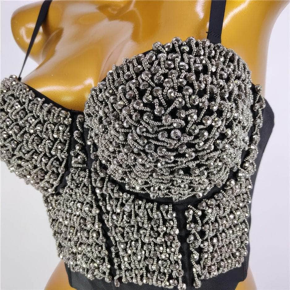 Beaded Rhinestone Push-Up Bustier Bralette Top