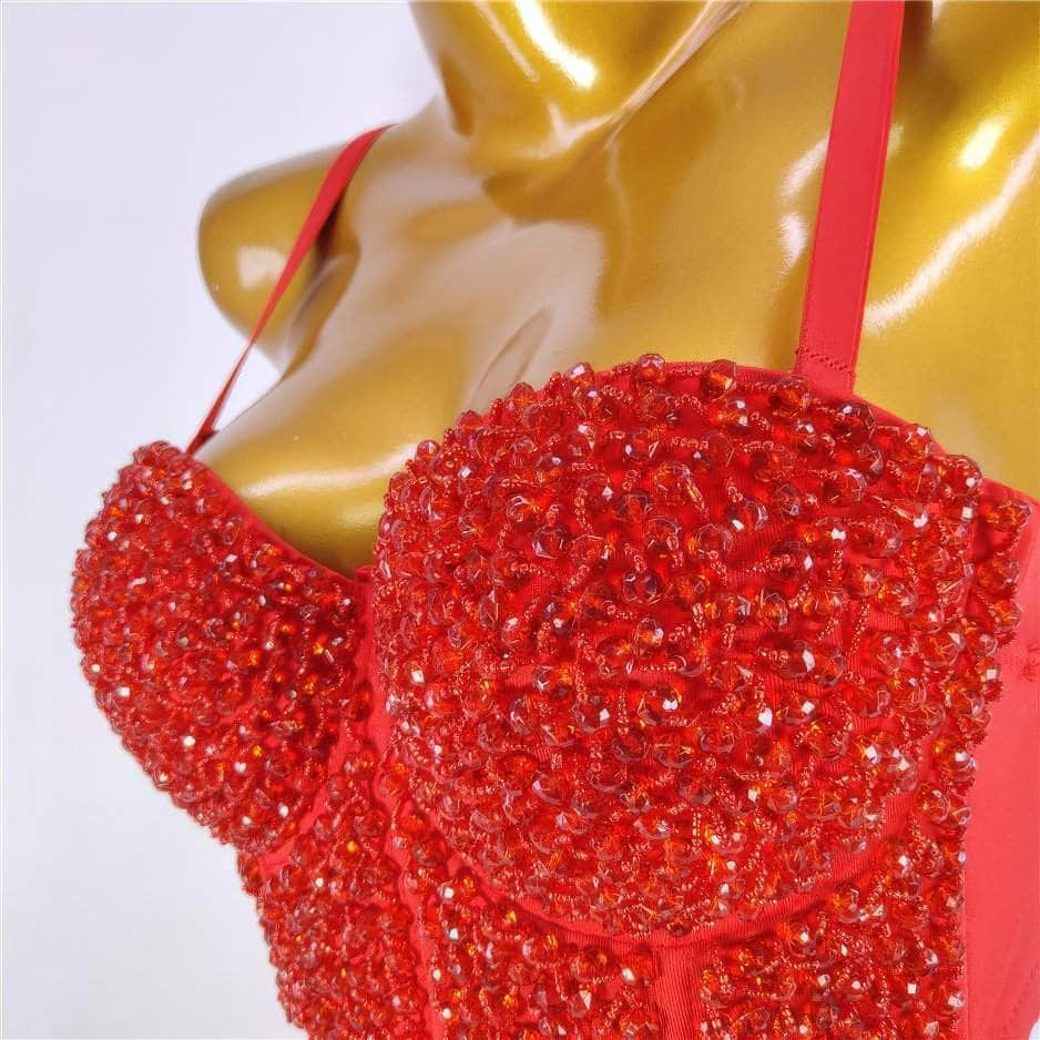 Beaded Rhinestone Push-Up Bustier Bralette Top