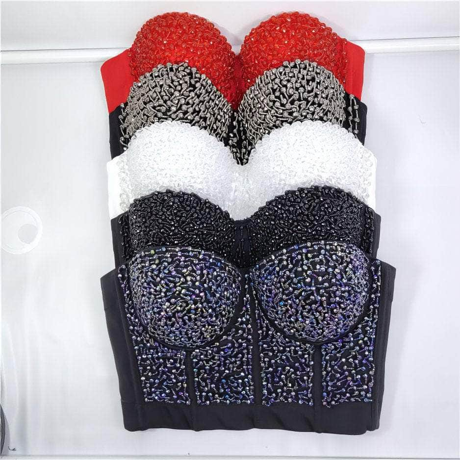 Beaded Rhinestone Push-Up Bustier Bralette Top