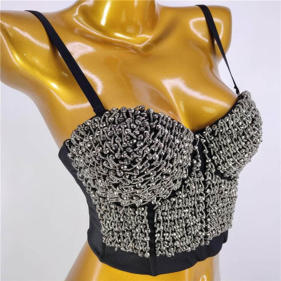 Beaded Rhinestone Push-Up Bustier Bralette Top