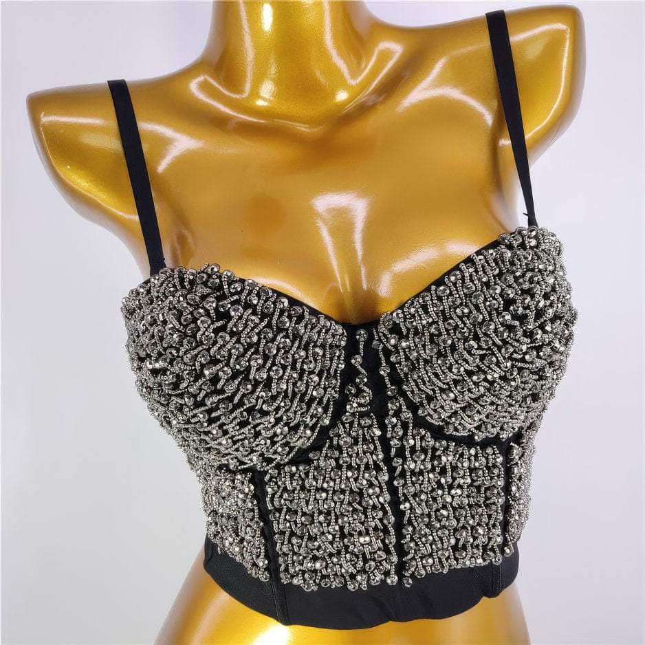 Beaded Rhinestone Push-Up Bustier Bralette Top