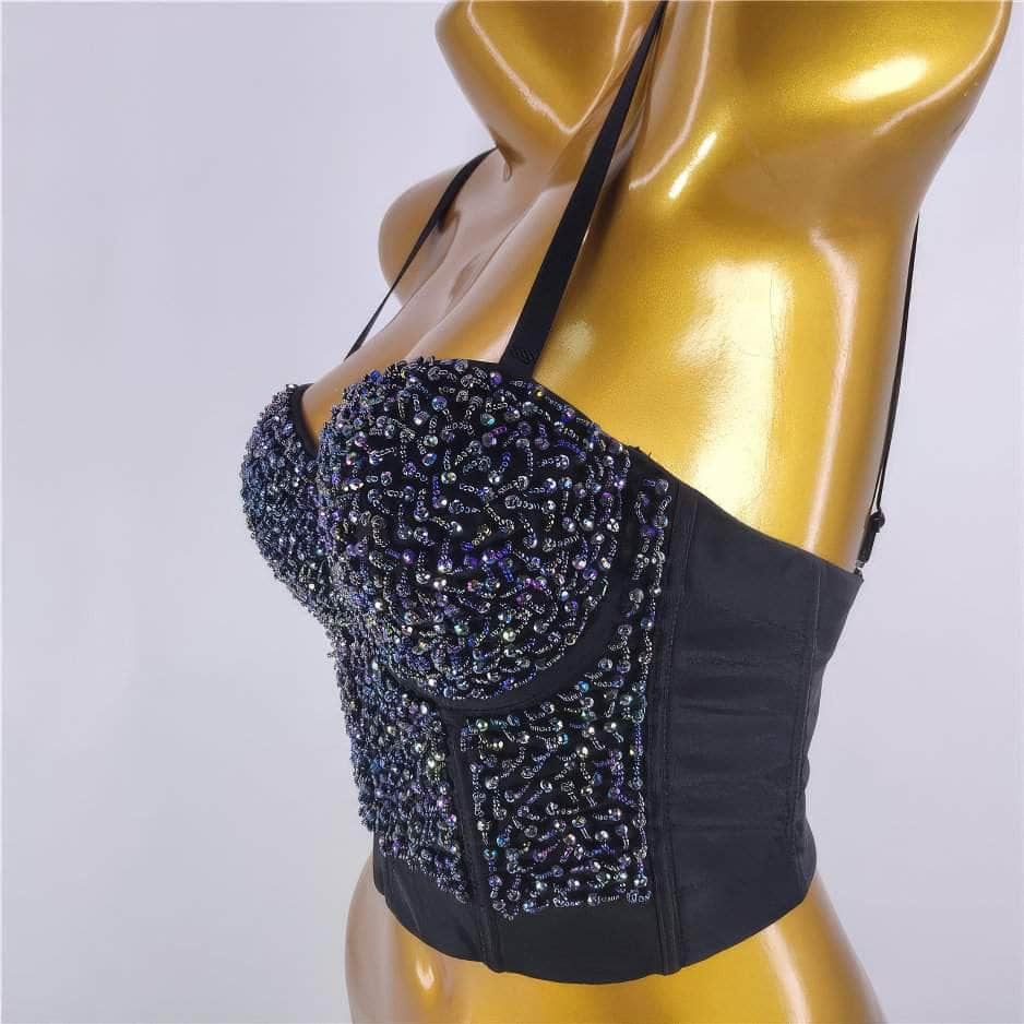 Beaded Rhinestone Push-Up Bustier Bralette Top