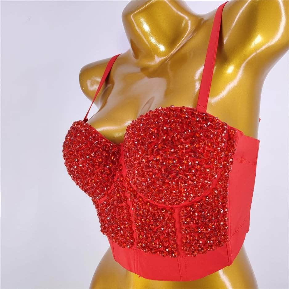 Beaded Rhinestone Push-Up Bustier Bralette Top S / Red