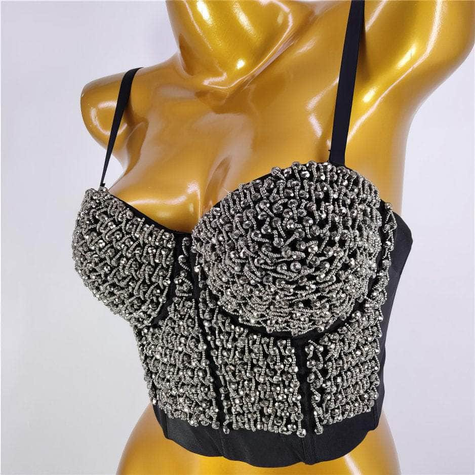 Beaded Rhinestone Push-Up Bustier Bralette Top S / Silver