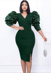 Beaded Ruffle Puff Sleeves Wrap Bodycon Dress US 4-6 / DarkGreen