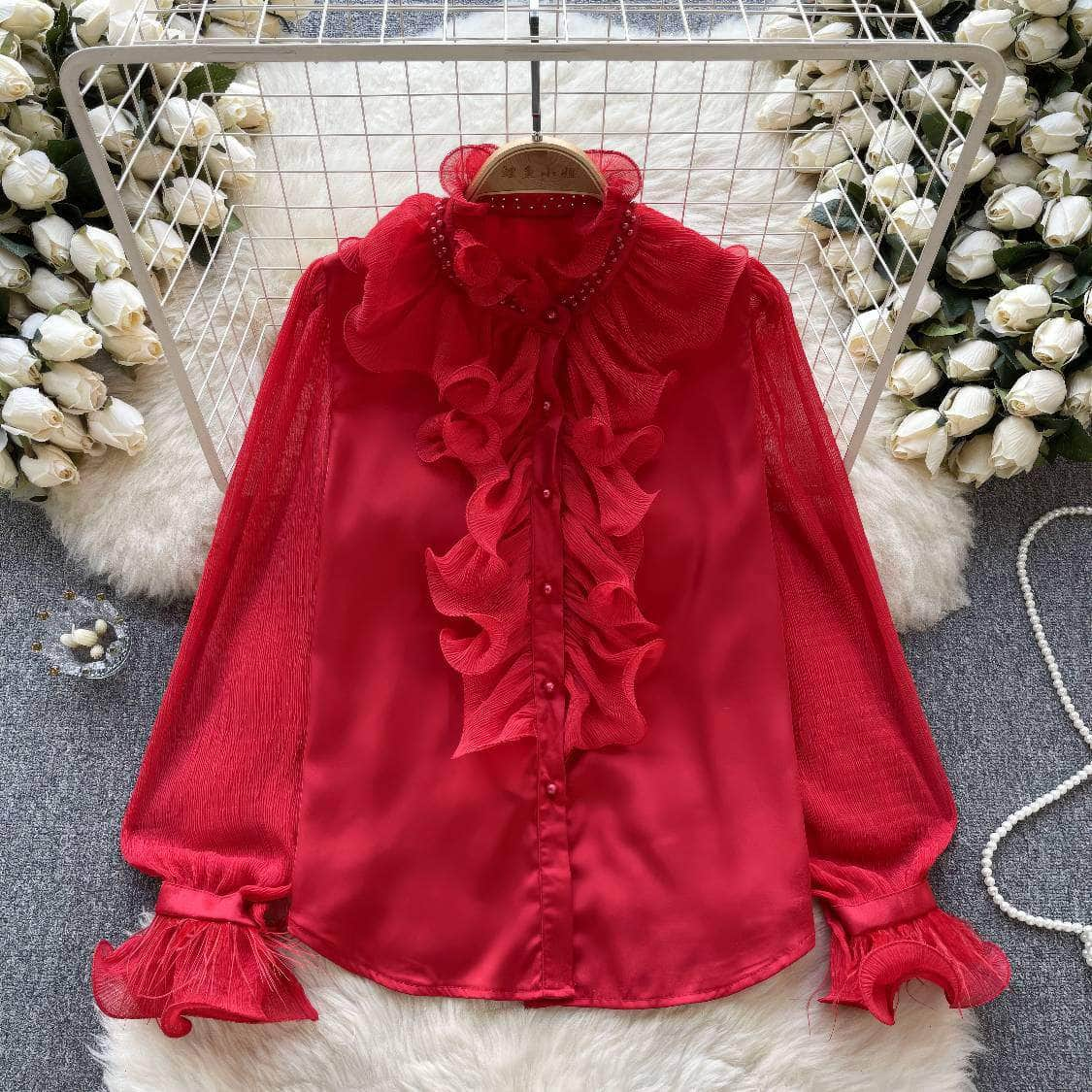 Beaded Ruffled Lantern Sleeves Fringe Blouse