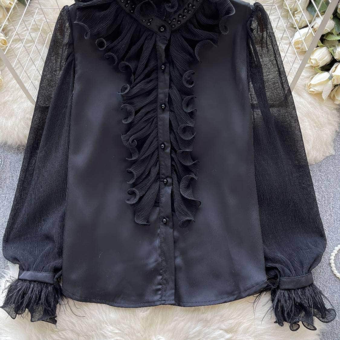 Beaded Ruffled Lantern Sleeves Fringe Blouse