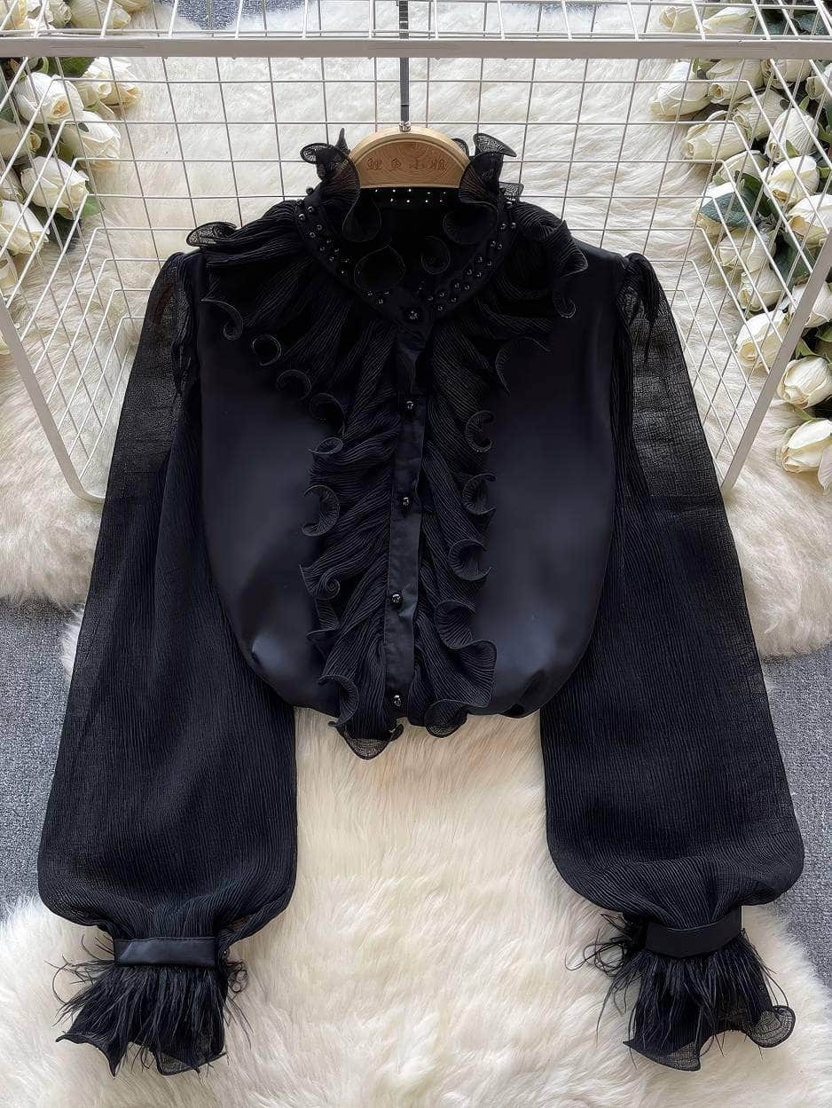 Beaded Ruffled Lantern Sleeves Fringe Blouse MAX SIZE / Black