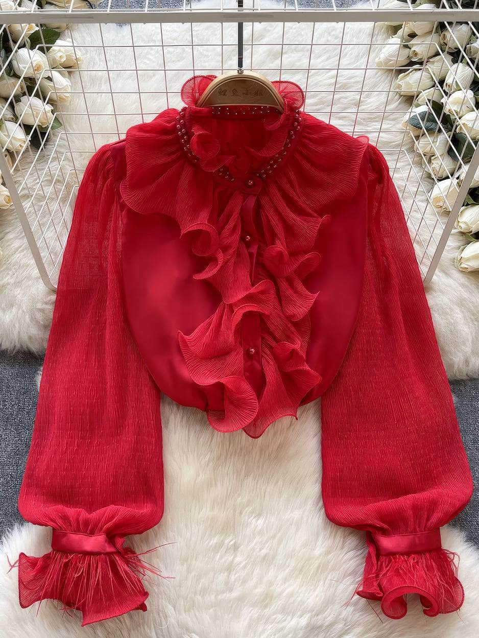 Beaded Ruffled Lantern Sleeves Fringe Blouse MAX SIZE / Red