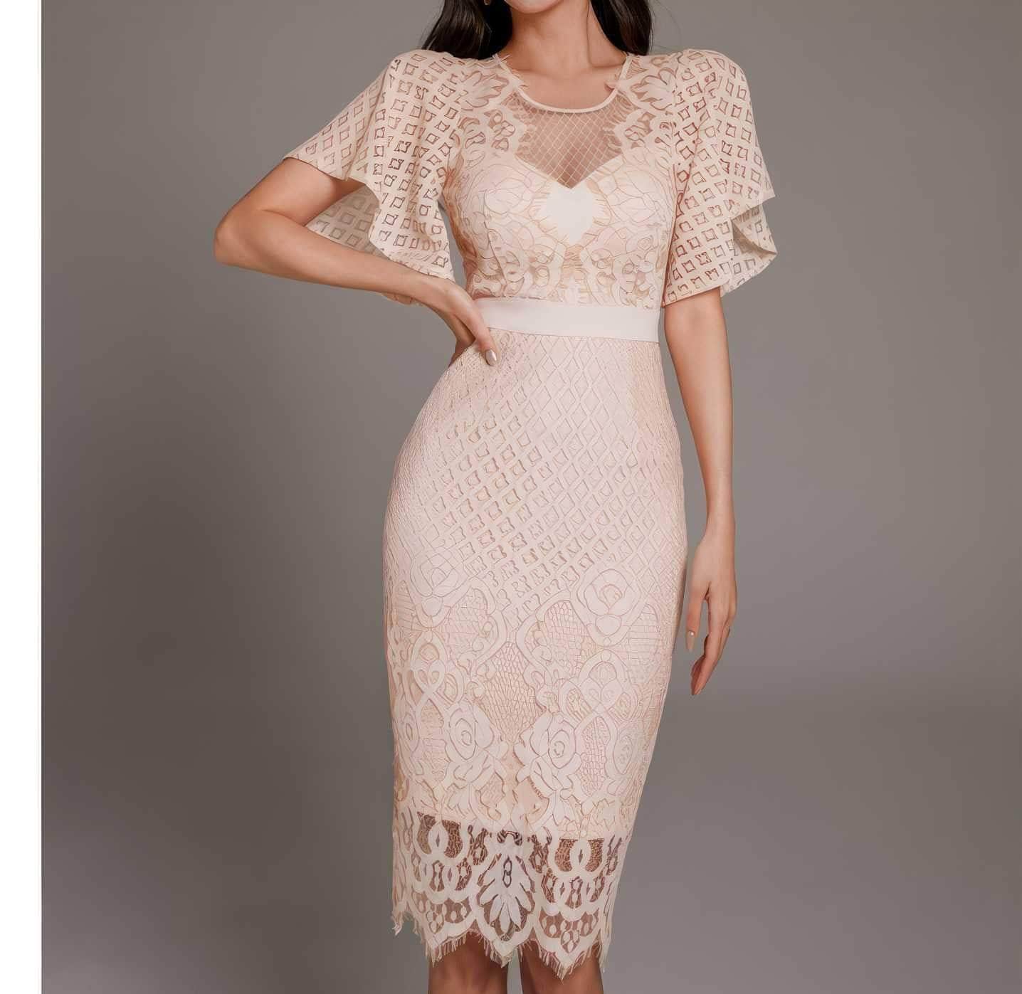 Bell Sleeves Lace Trimmed Midi Dress