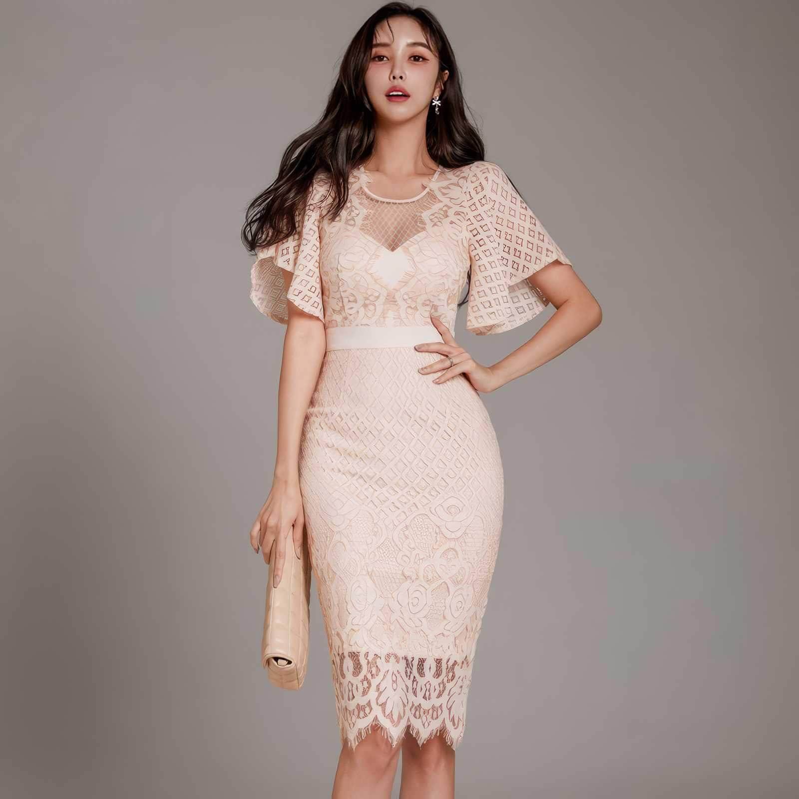 Bell Sleeves Lace Trimmed Midi Dress