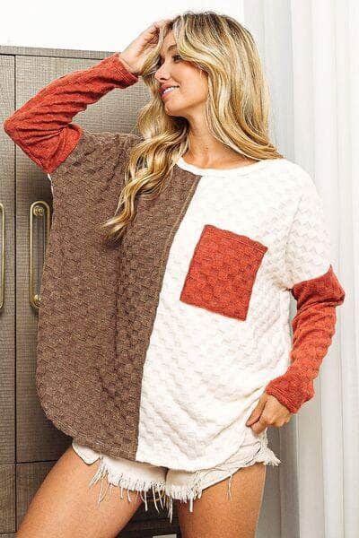 BiBi Color Block Brushed Checker Top MOCHA/RUST / S