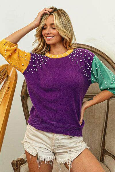 BiBi Color Block Pearl Detail Round Neck Sweater