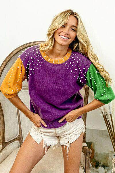 BiBi Color Block Pearl Detail Round Neck Sweater PURPLE/MUSTARD/GREEN / S