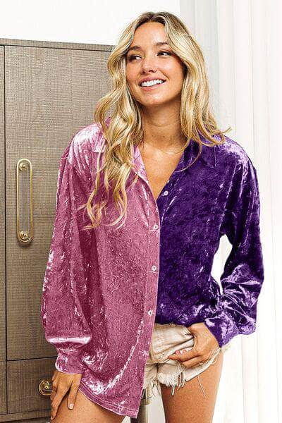 BiBi Contrast Button Up Long Sleeve Shirt LAVENDER/PURPLE / S