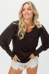 BiBi Round Neck Polka Dot Lantern Sleeve Top Black / S