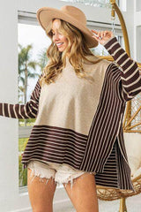 BiBi Striped Contrast Long Sleeve Slit Top OATMEAL/MOCHA / S