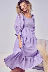 BiBi Swiss Dot Flounce Sleeve Smocked Tiered Midi Dress Lavender / S