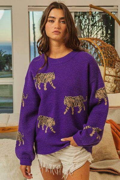 BiBi Tiger Pattern Long Sleeve Sweater VIOLET / S