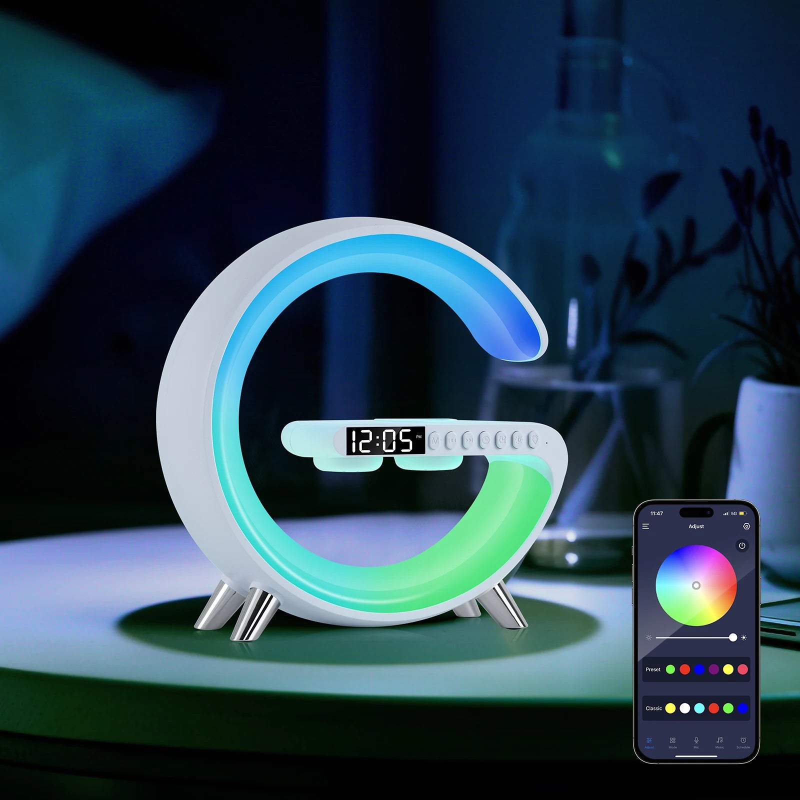 Big G Smart Light - LED Wireless Charger, Bluetooth Speaker, Alarm Clock, Atmosphere Light, White Noise Sleep Light white / US