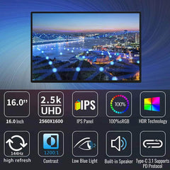 Bimawen 16 Inch 2.5K 144Hz Portable Monitor - 2560x1600, 100% Adobe sRGB, Game Screen for Laptop, Mac, Phone, Xbox, PS4/5, Switch European regulations / 16inch 144Hz