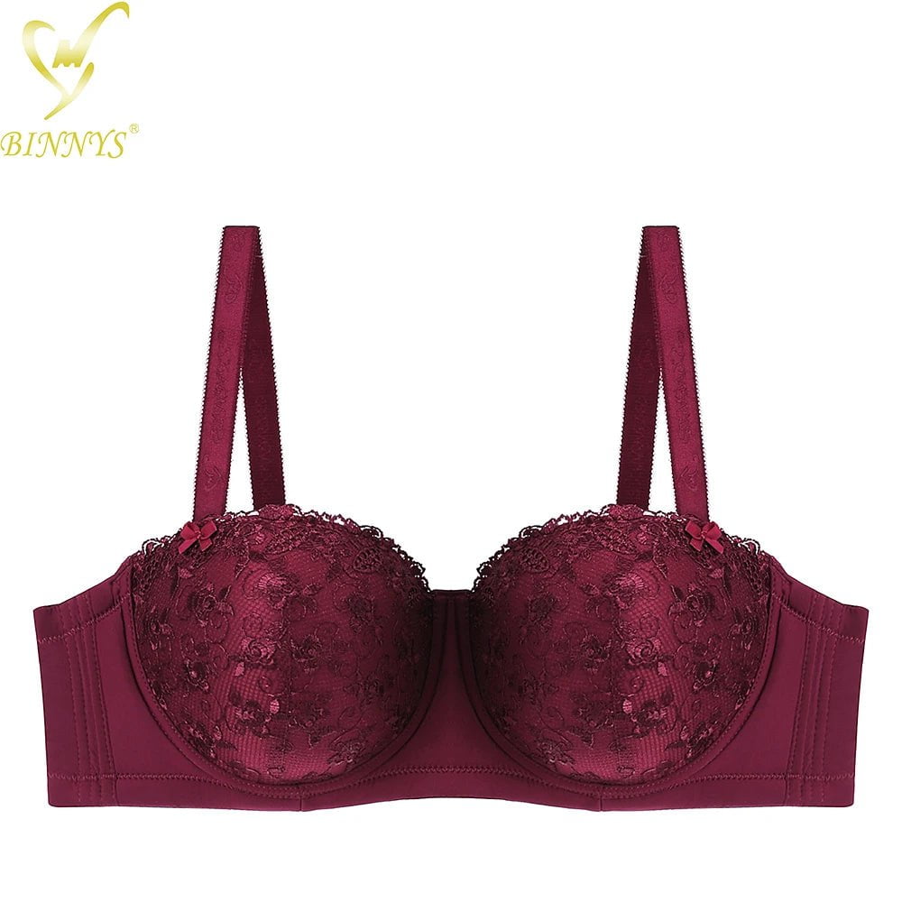 BINNYS Women's Bra: D Cup, Sexy Underwear, High Quality Lace Floral, Half Cup, Big Cup Plus Sizes, Adjusted Straps, Underwire Burgundy / D / 36
